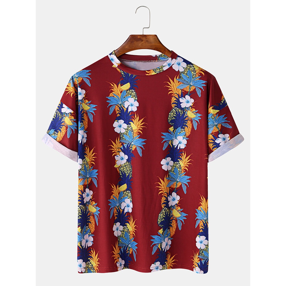 Mens Fashion Floral Printing Crew Neck Breathable Short Sleeve Casual T-Shirts - Red XL
