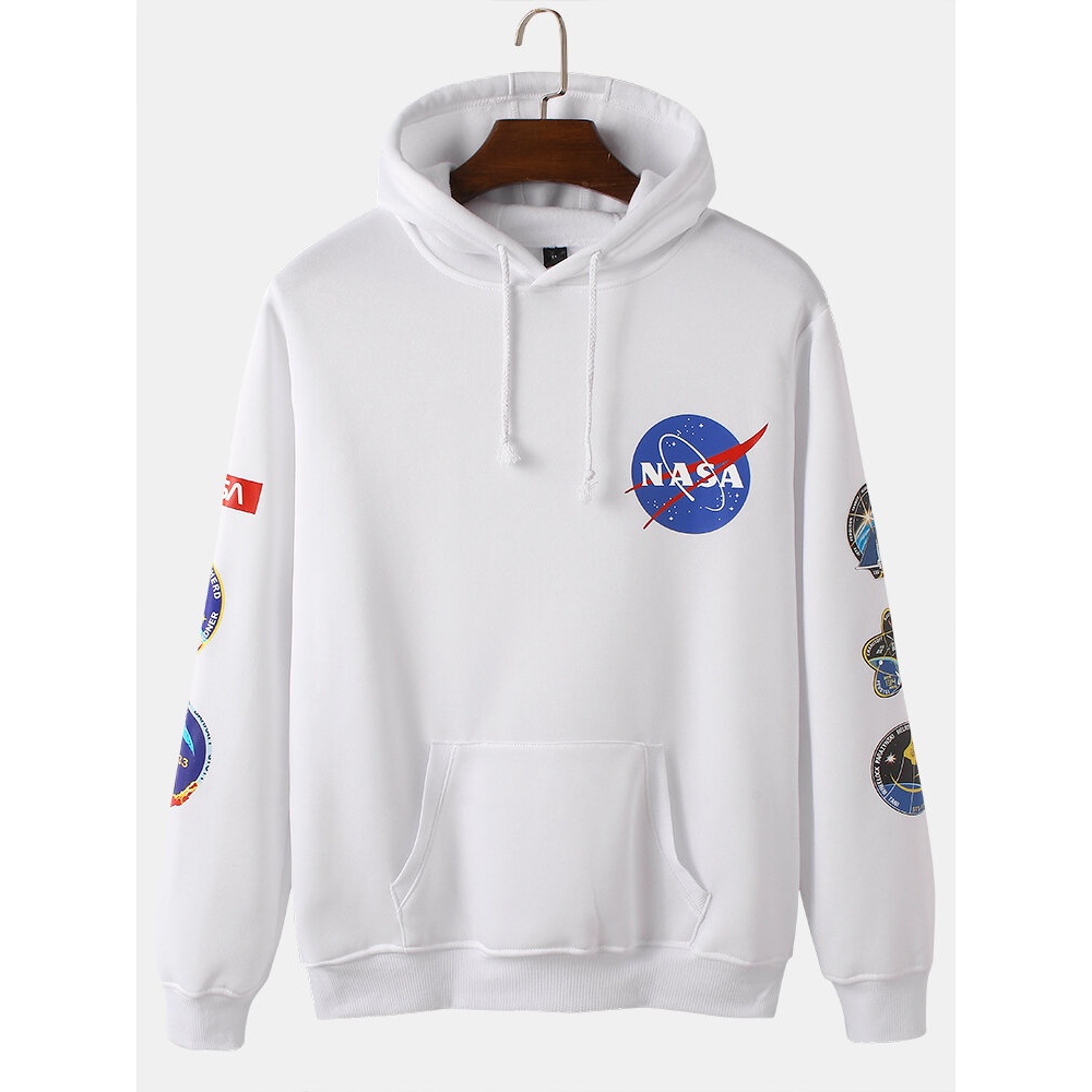 Mens Design Space Print Simple Long Sleeve Cotton Hoodies - White S