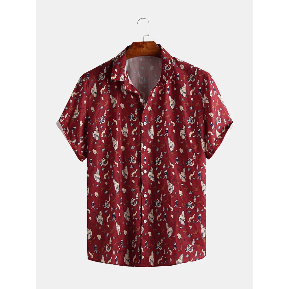 Mens Funny Animal Printed Short Sleeve Casual Shirts - L Red