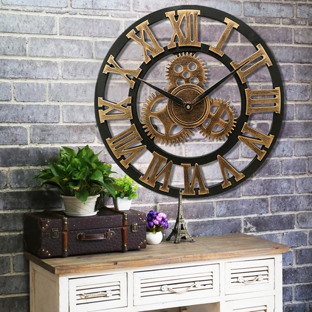 19 Inch Antique Roman Numerals Silent Wall Clock Rustic Wheel Gear Wooden Decor Clock - Gold - Image 2