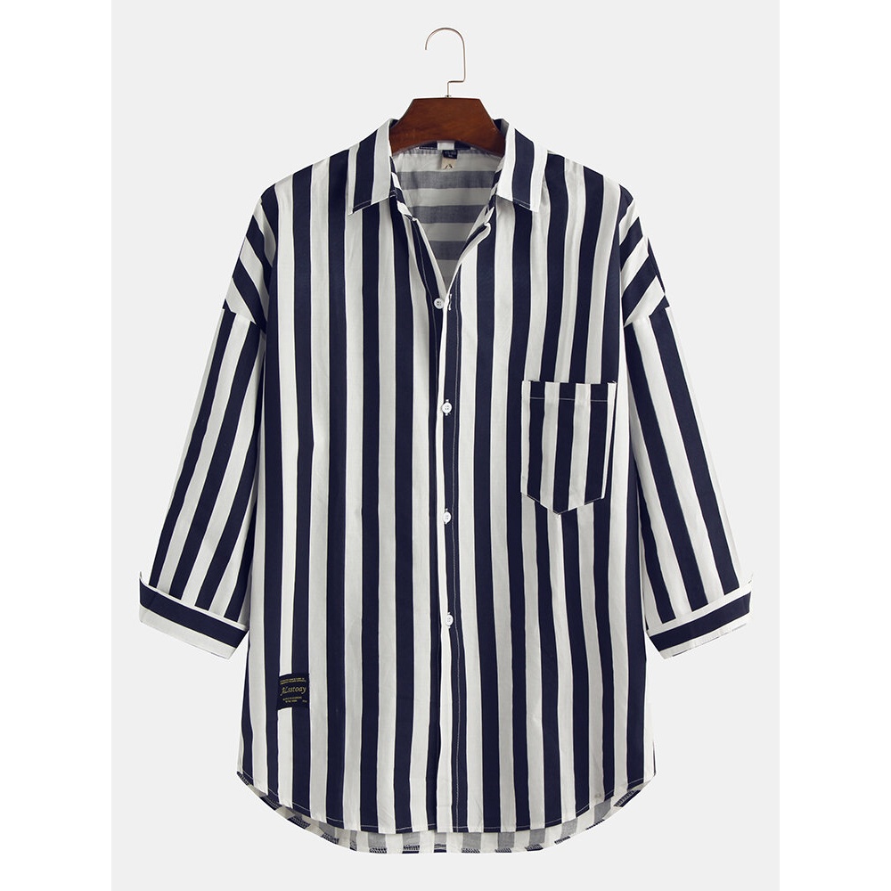 Mens White And Blue Stripe Turn Down Collar Long Sleeve Shirts - XL Black