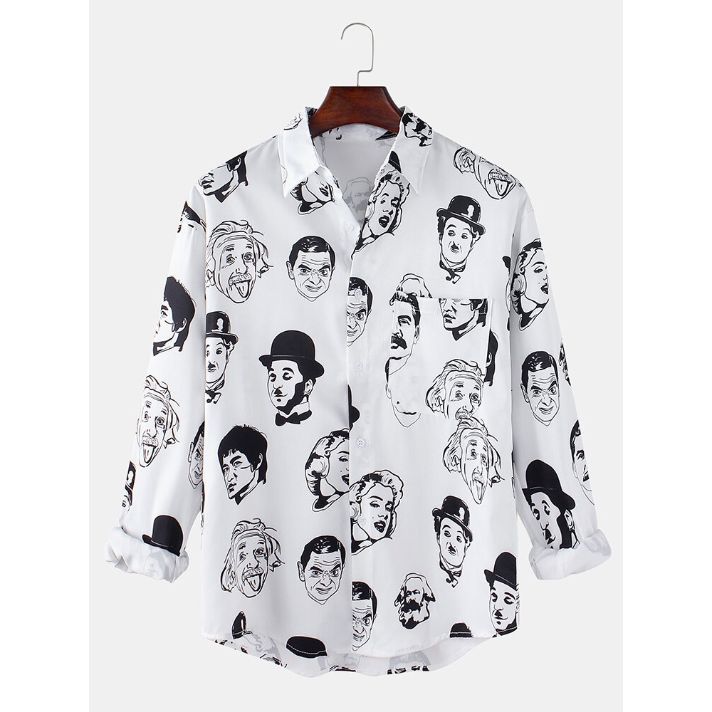 Mens Celebrity Face Print Chest Pocket Long Sleeve Simple Shirts - Black M