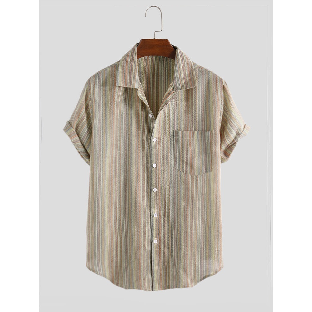 Men Cotton Vertical Stripe Short Sleeve Shirts - M Green