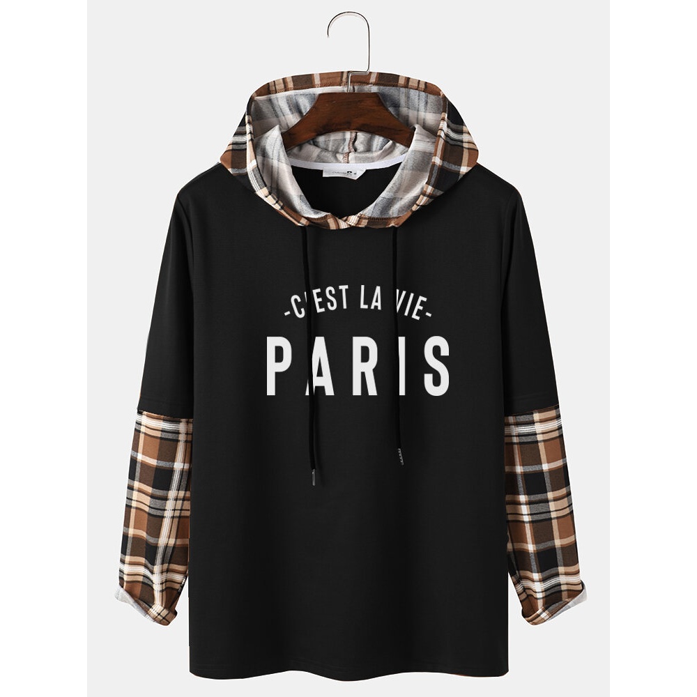 Mens Plaid Splicing Sleeve 'Paris' Letter Printed Hoodie - Black S