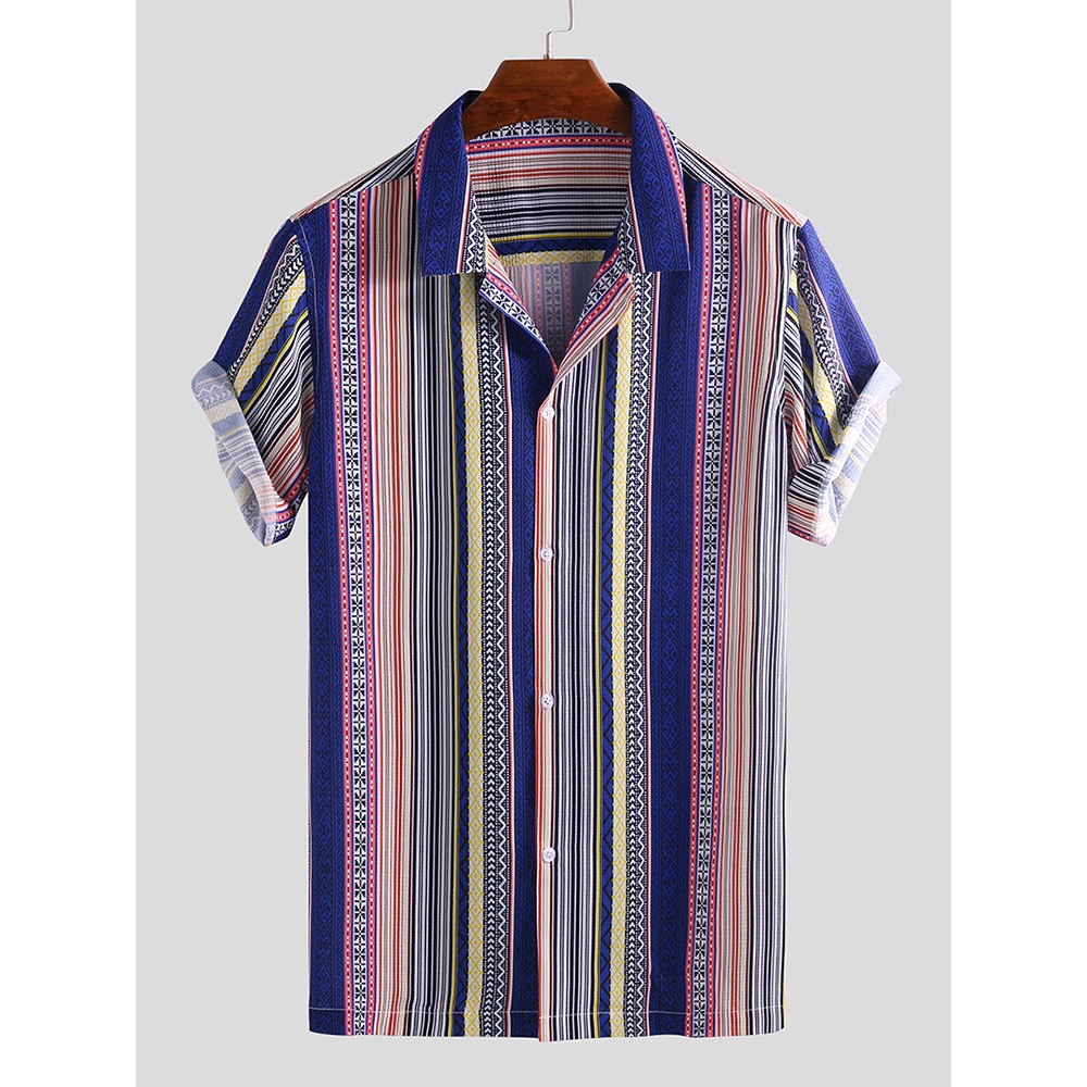 Men Ethnic Stripe Print Short Sleeve Relaxed Hawaiian Shirts - 2XL Navy
