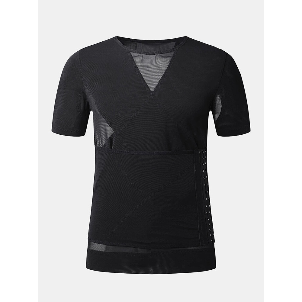 Mens Slim Abdomen Compression Round Neck Hasp Waist Thin Shapewear - Black L