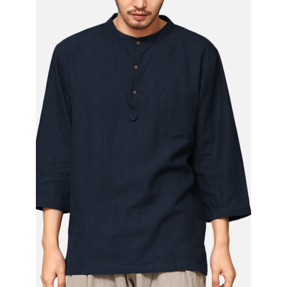 Mens Vintage Solid Cotton Cotton Buttons Casual Long Sleeve T-Shirts - XL Beige