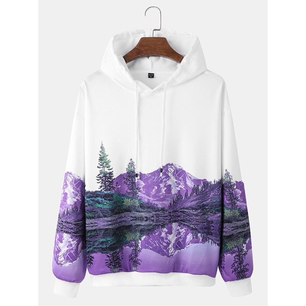 Mens Landscape Printing Drawstring Casual Hooded Sweatshirt - Purple L