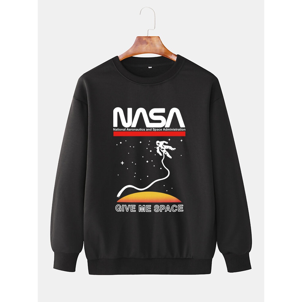 Mens Astronaut Print Pullover Long Sleeve Casual Cotton Sweatshirts - Black M
