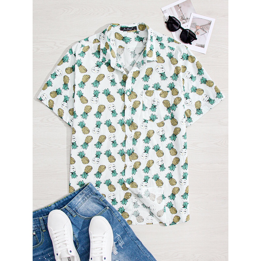 Mens Summer Pineapple Printed Breathable Casual Shirts - M Green