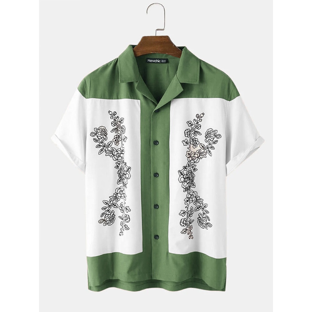 Mens Ethnic Revere Collar Casual Short Sleeve Shirts - Green S