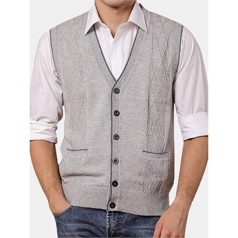Men's Leisure Woolen Knitted Cardigan Vest Fashion V-neck Jacquard Vest - M Dark Gray