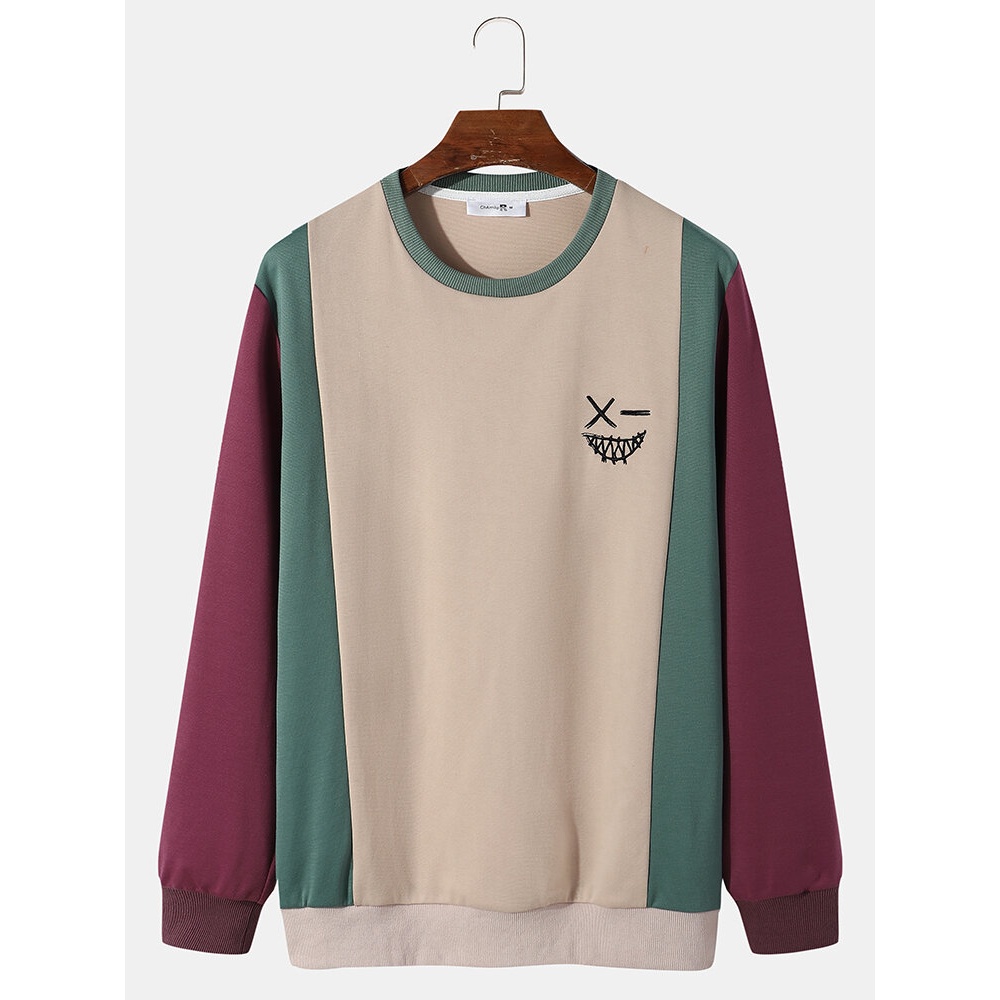Mens Embroidery Funny Face Patchwork Color Block Sweatshirt - Khaki S