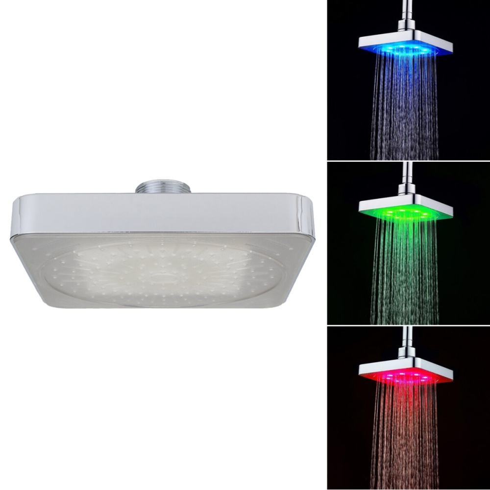 360° Adjustable 6 Inch LED Light Square Rain Shower Head Stainless Steel 3 Color Changing Temperature Control Bathroom Showerhead - Image 2