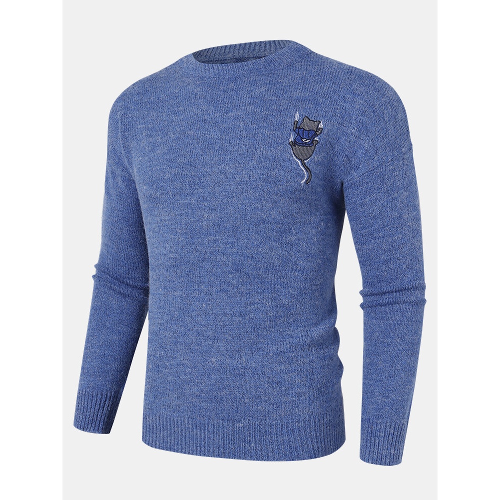 Mens Back Cartoon Cat Letter Embroidery Crew Neck Knit Pullover Sweaters - Blue M