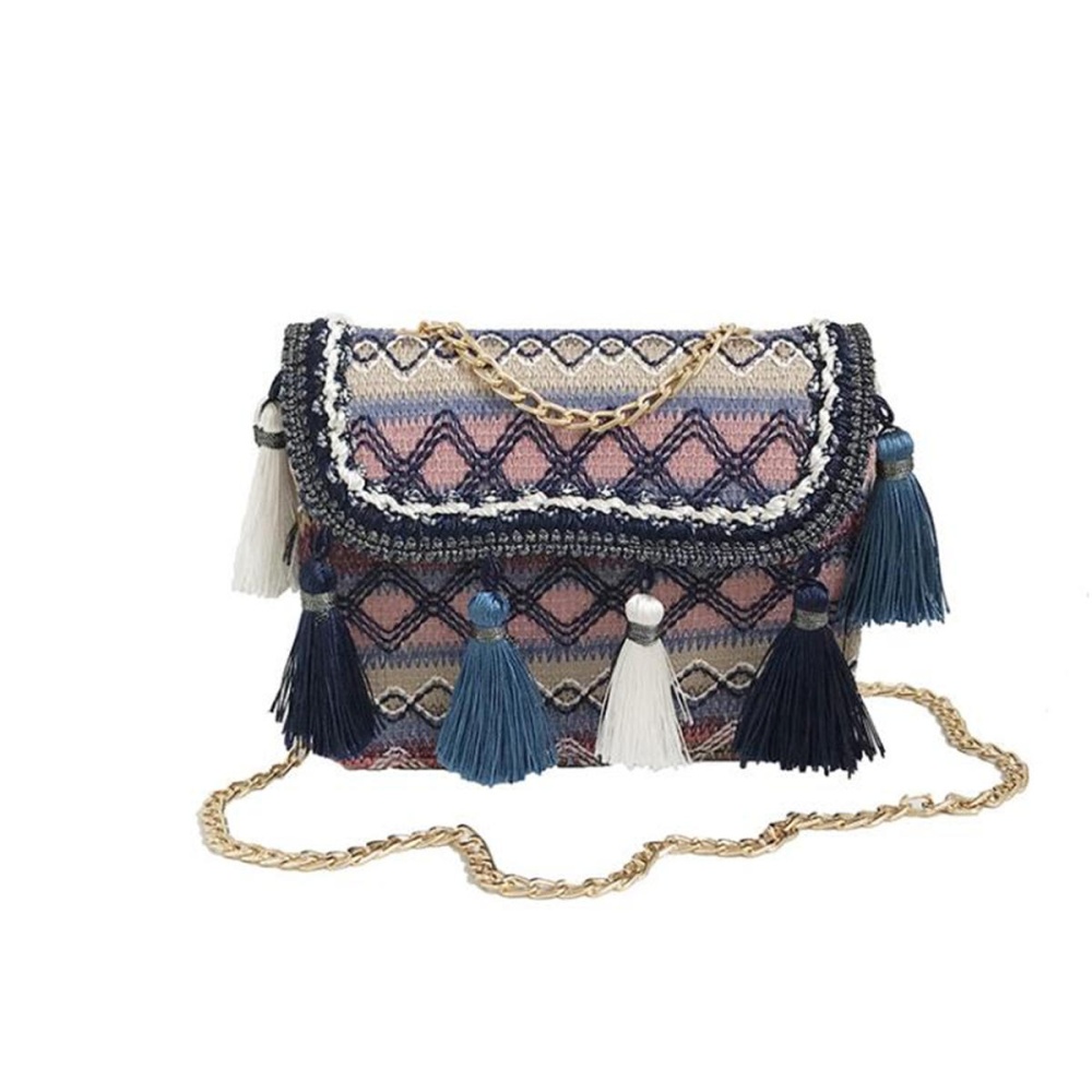 Women Ring Handle Straw Bag Pouch Rattan Messenger Handbag Beach Tote Outdoor Travel - Blue