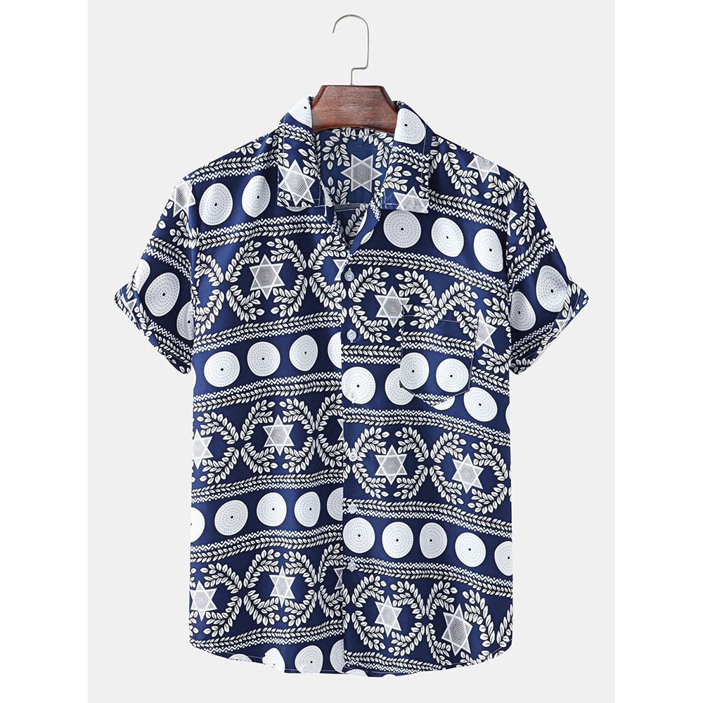 Mens Ethnic Style Cotton Short Sleeve Shirts - Blue L