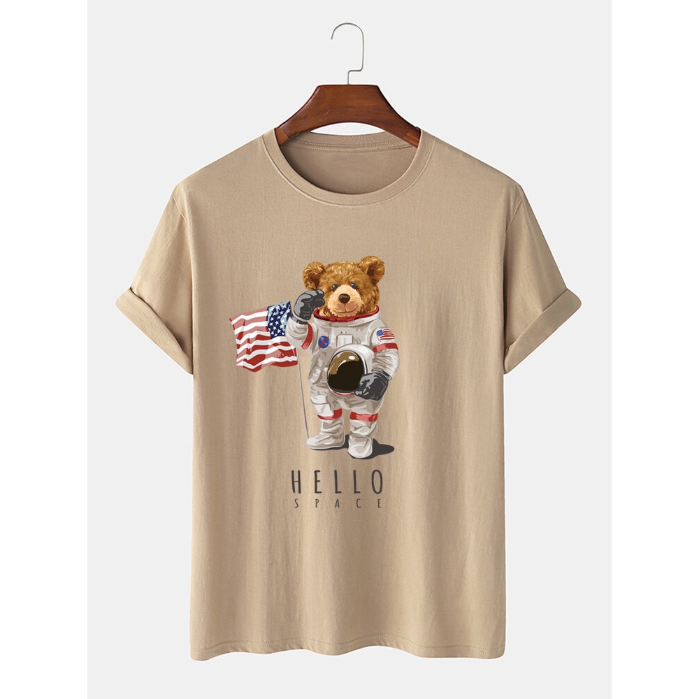 Mens Cartoon Astronaut Bear Print Cotton Short Sleeve Casual T-Shirt - Black L