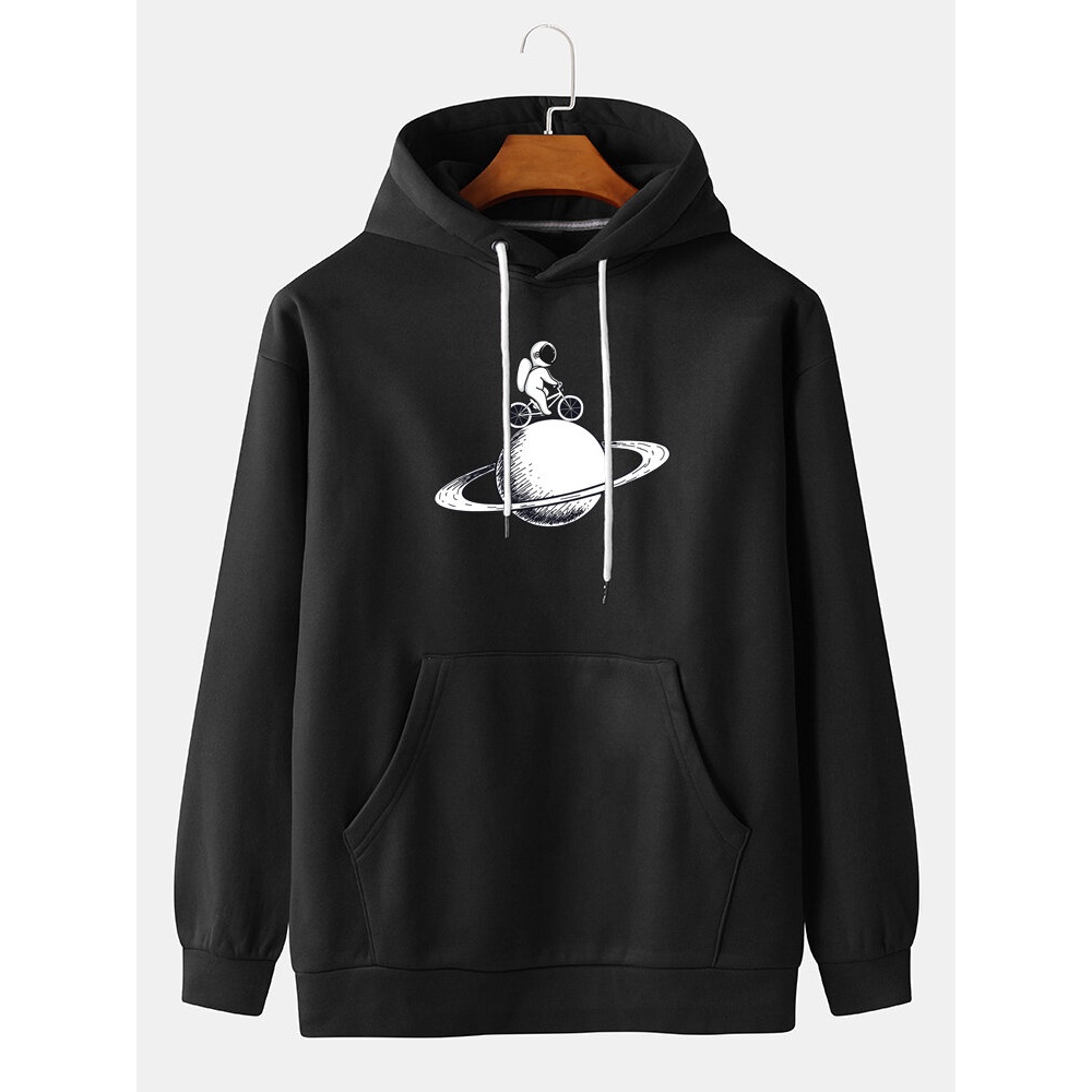 Mens Cute Astronaut Print Long Sleeve Hoodies With Kangaroo Pocket - Black XL