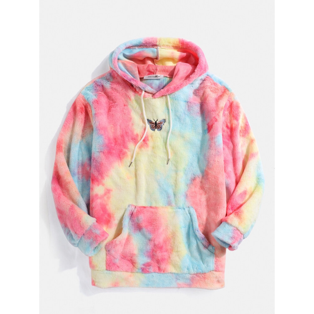 Butterfly Embroidered Tie Dye Pocket Long Sleeve Fluffy Hoodies - Green S
