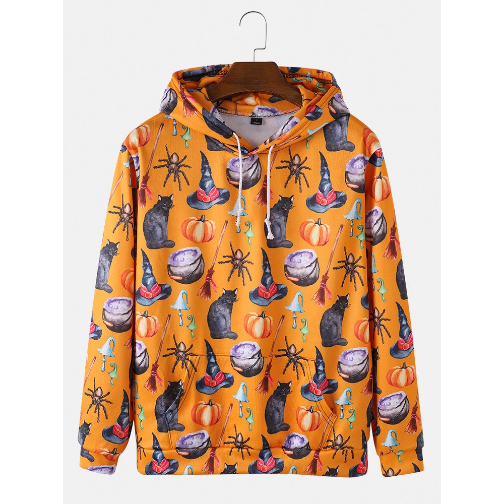 Mens  Pattern Printed Loose Muff Pocket Drawstring Hoodies - Yellow S