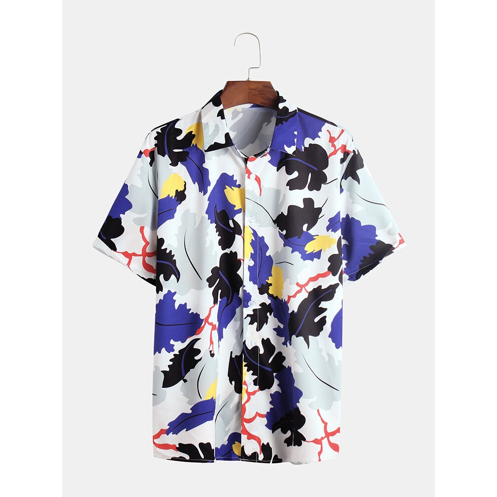 Mens Hit Color Floral Printed Shirts - M Blue