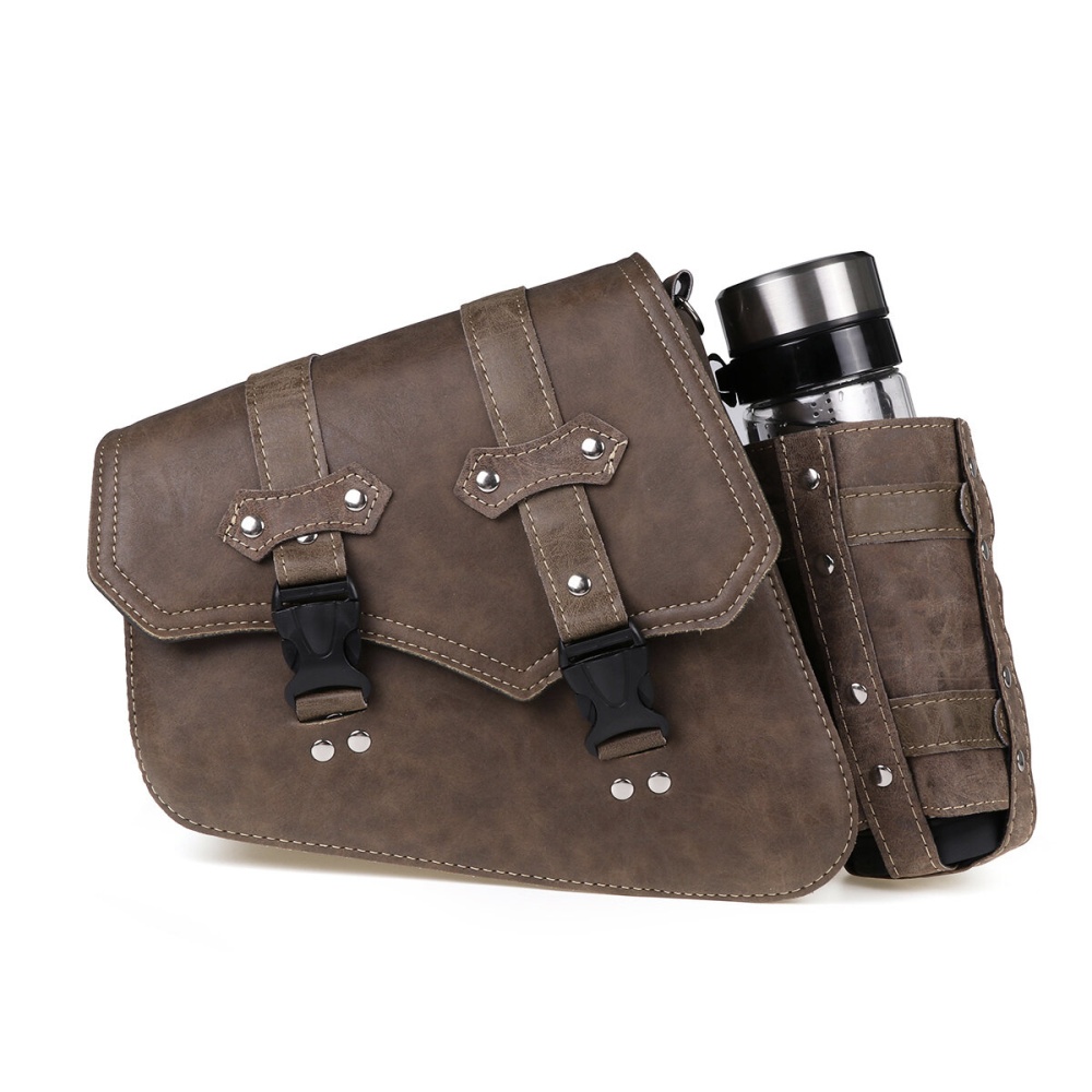 Left / Right Side Universal Saddlebag Storage Tool Bag W/ Bottle Holder PU Leather Waterproof Motorcycles Bag - Left - Image 2