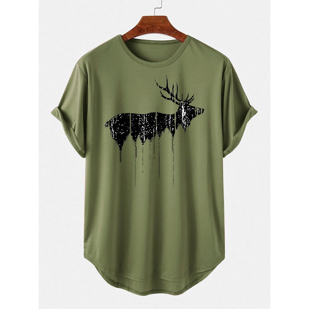 Mens Design Elk Print Curved Hem Short Sleeve T-Shirts - White 2XL
