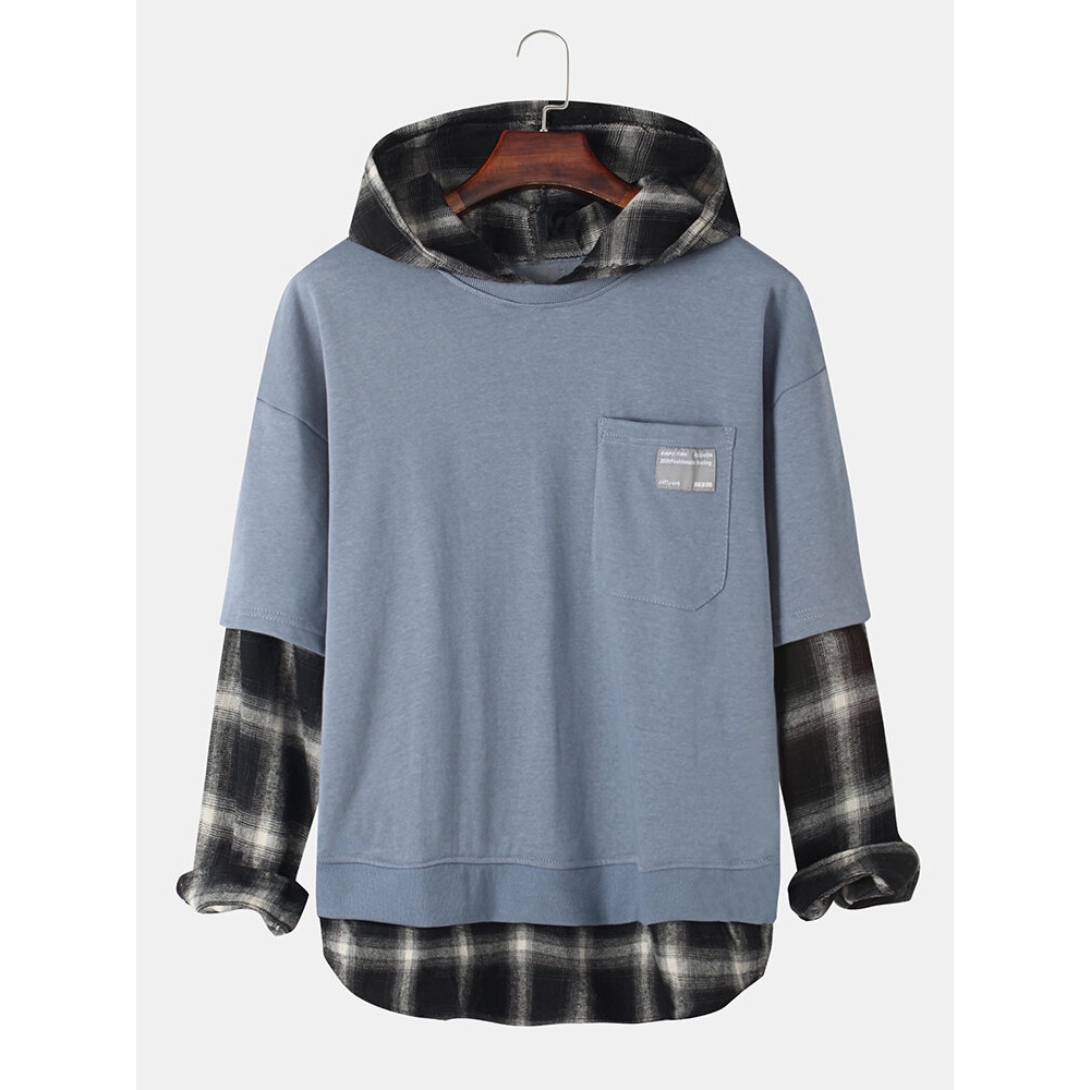 Mens Check Faux Twinset Stitching Chest Pocket Pullover Hoodies - Black L