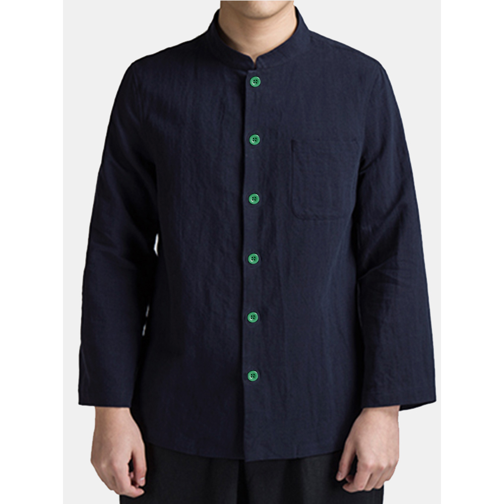 Men Green Button Solid Color Cotton Long Sleeve Shirts - 2XL Beige