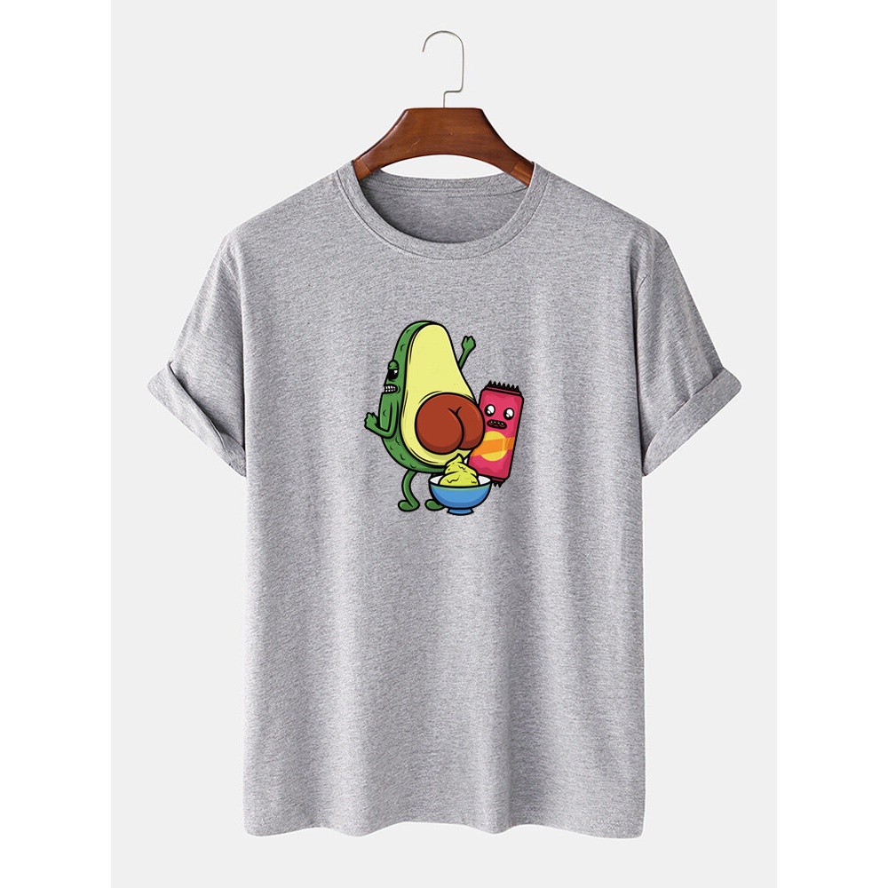 Men 100% Cotton Funny Cartoon Avocado Printed Short Sleeve Casual T-Shirts - Black M