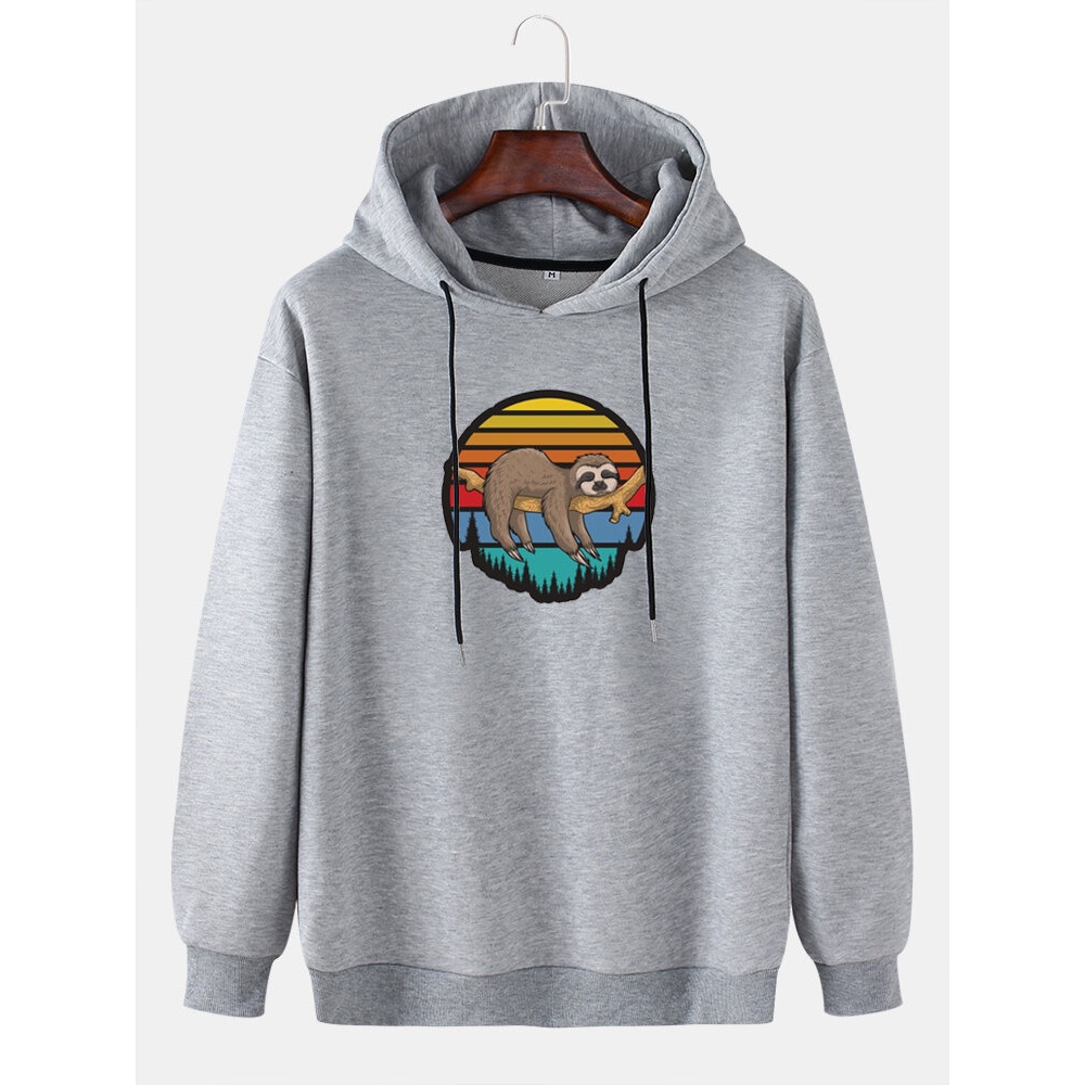 Mens Cartoon Animal Sloth Print Drop Shoulder Long Sleeve Hoodies - Pink M