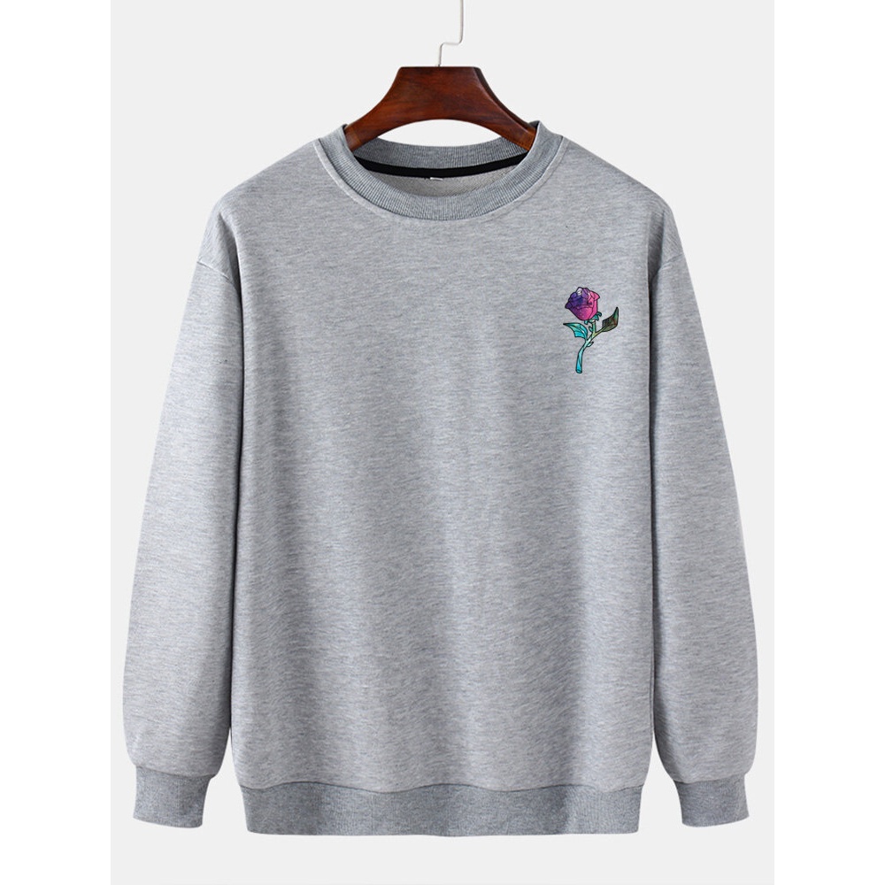 Mens Rose Chest Printed Round Neck Pullover Casual Drop Sleeve Sweatshirts - Black S