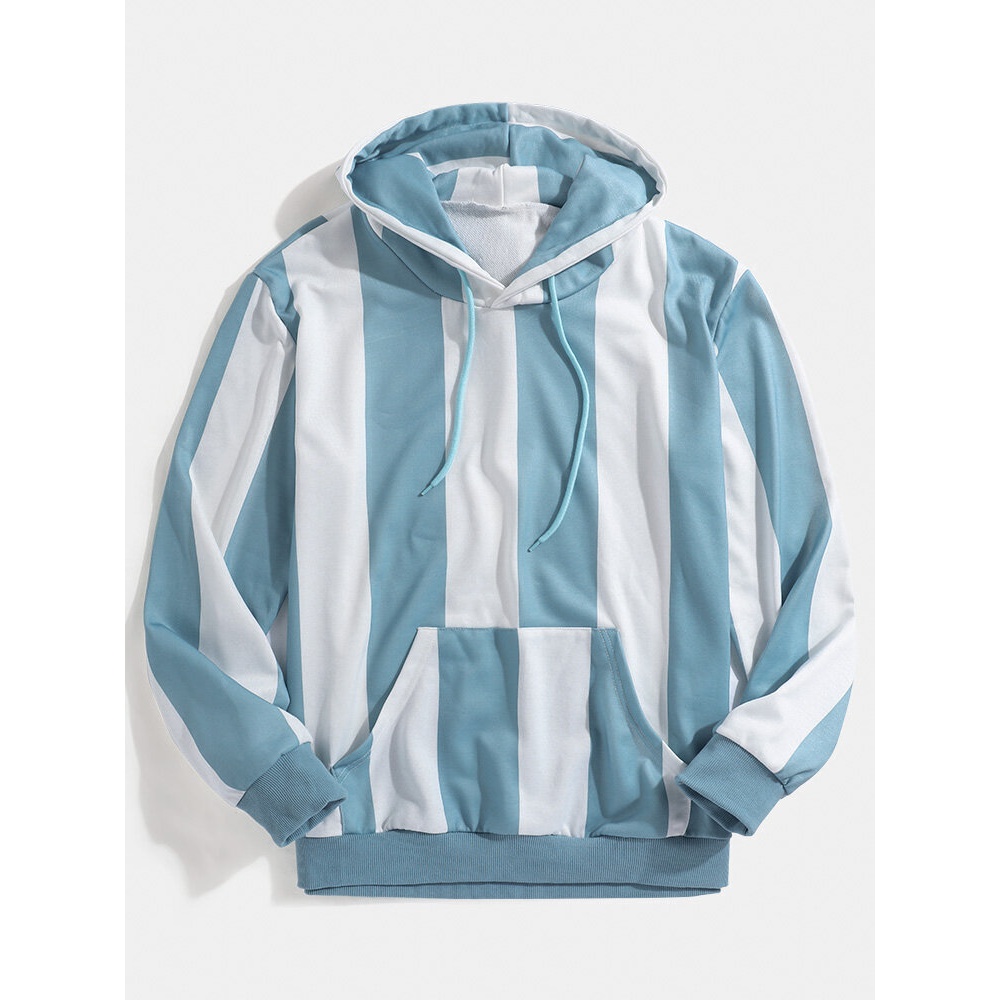 Mens Simple Stripe Print Long Sleeve Kangaroo Pocket Hoodies - Sky Blue S