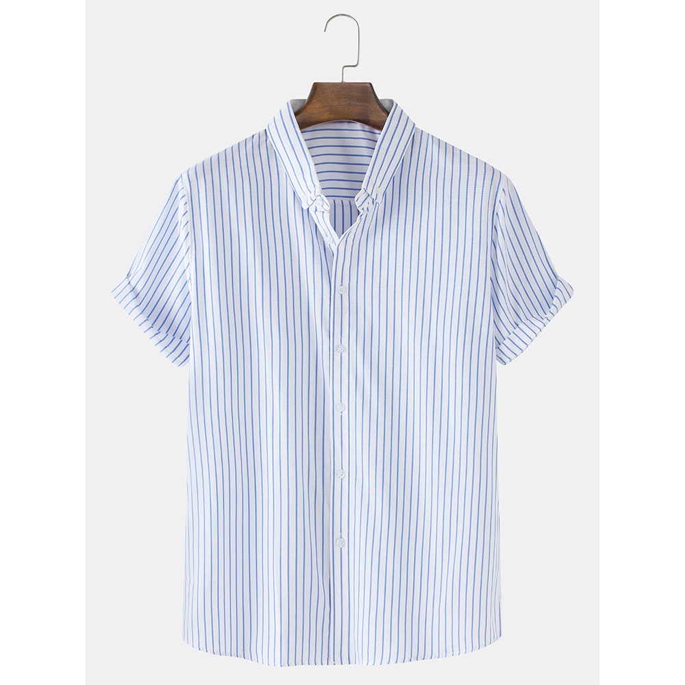 Mens Vertical Stripe Print Cotton Loose Casual Short Sleeve Shirts - Pink M