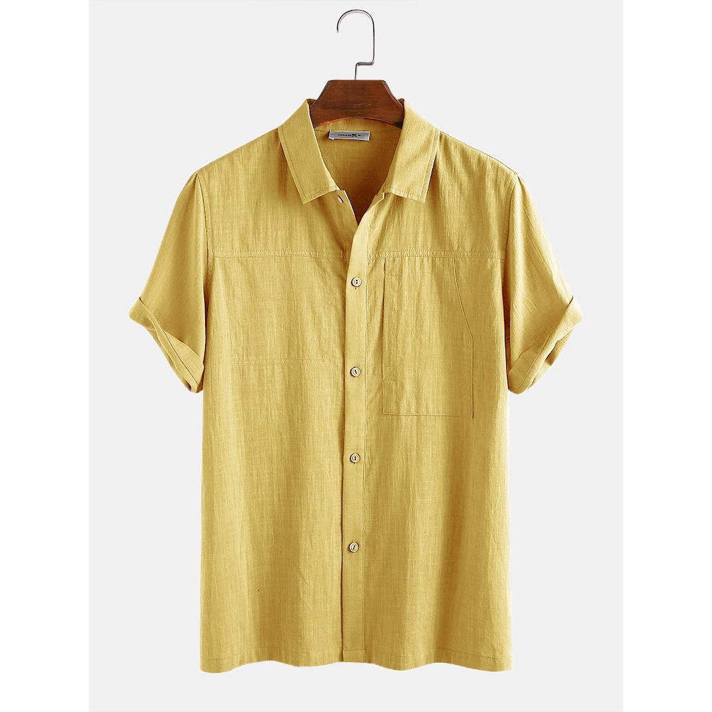 Mens 100% Cotton Solid Color Chest Pocket Casual Short Sleeve Shirts - Blue M