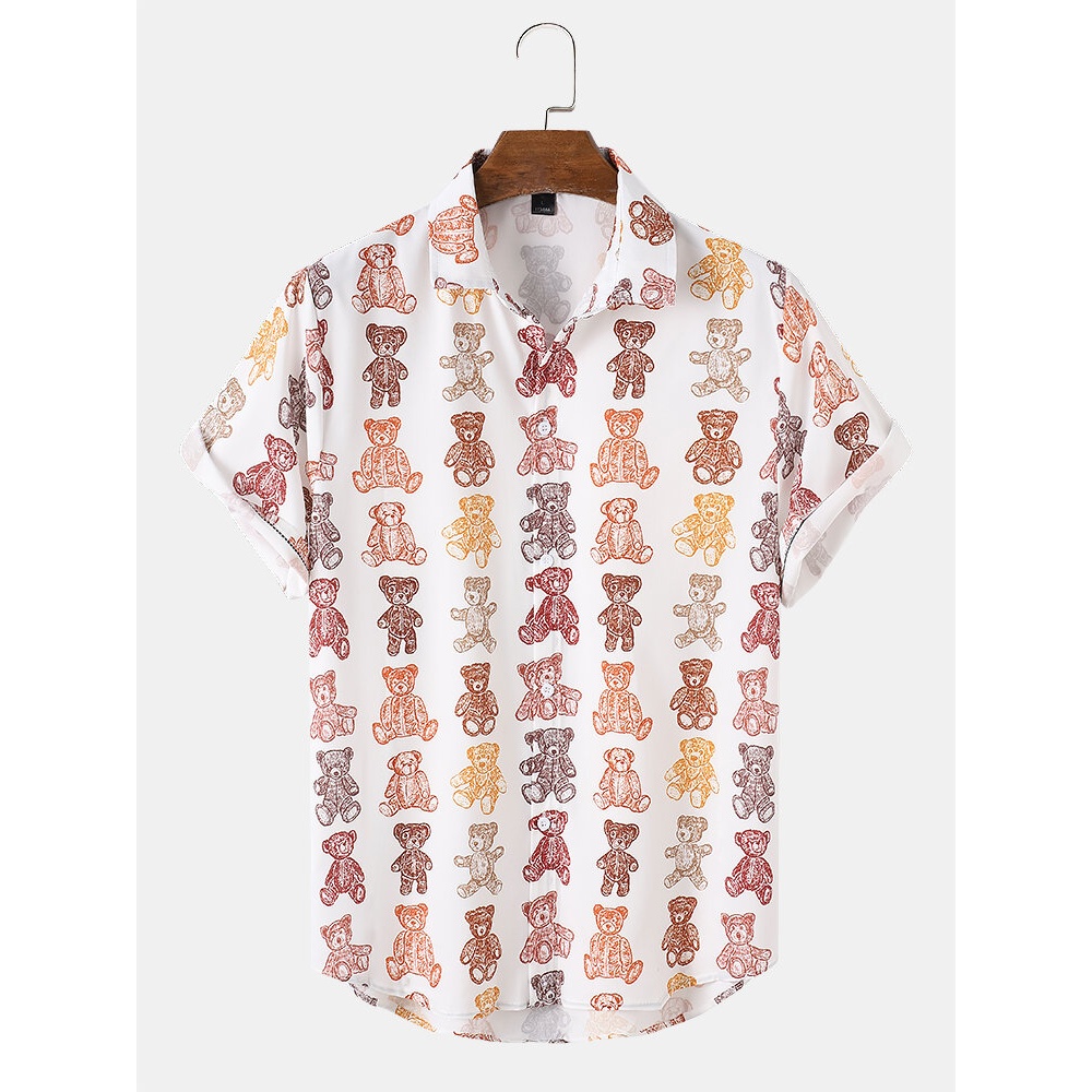 Mens Cartoon Teddy Bear Print Lapel Short Sleeve Shirt - White M