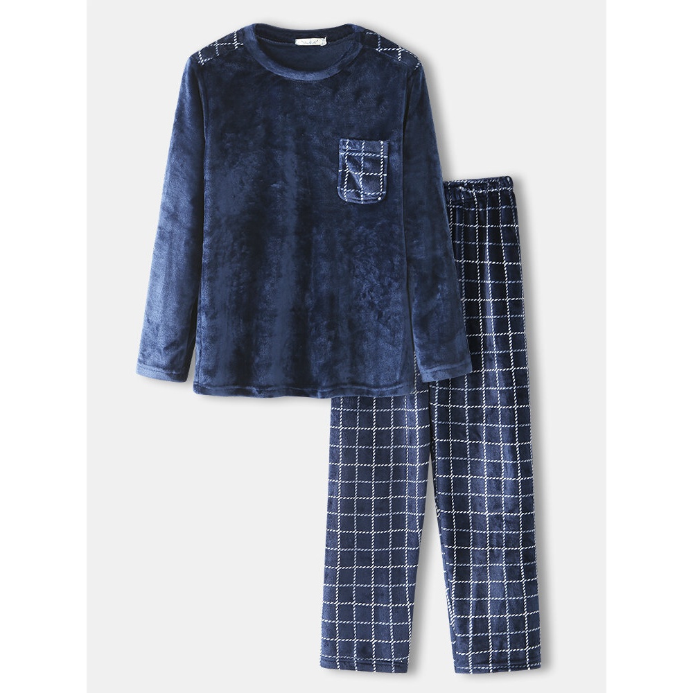 Mens Winter Flannel Plaid Round Neck Tops Loose Pants Thick Home Lounge Pajamas Set - Navy S