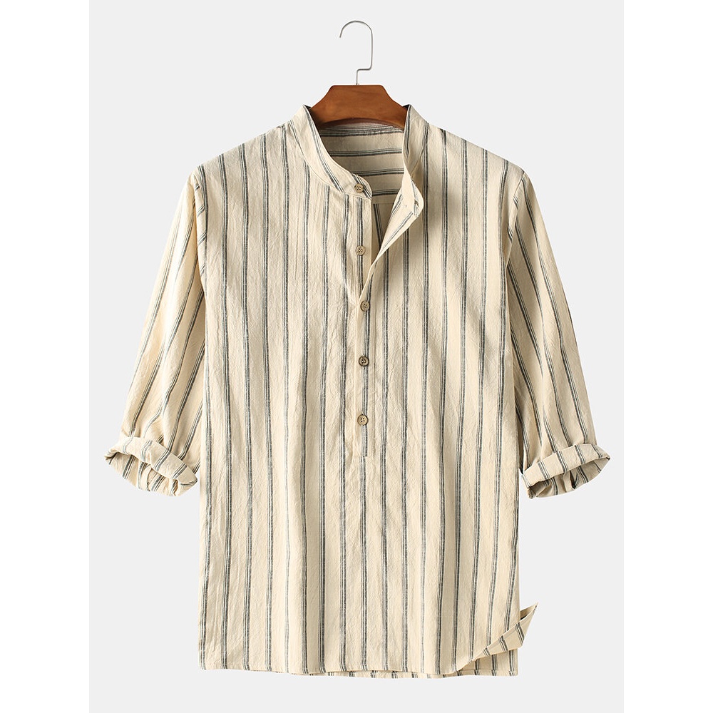 Mens 100% Cotton Striped Henley Collar Mid Sleeve Shirts - Beige M