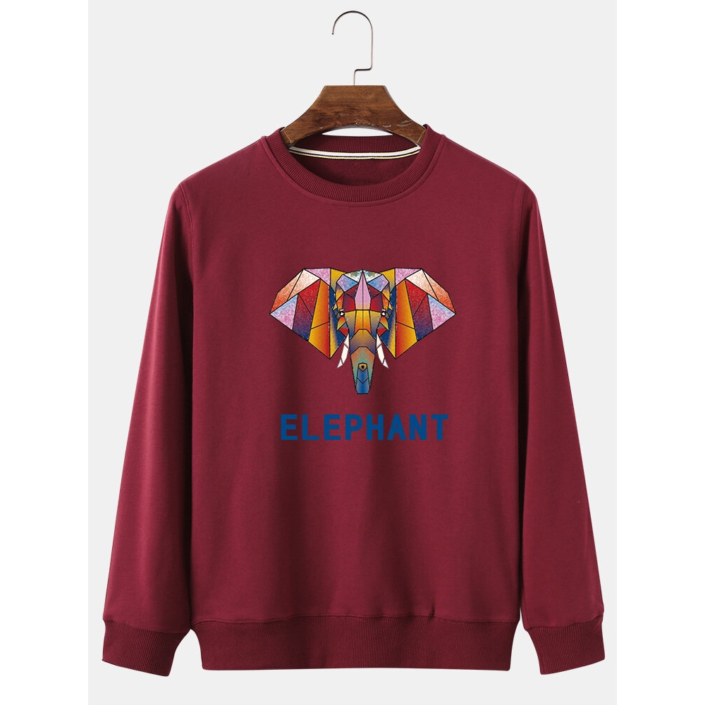 Mens Colorful Abstract Elephant Print Cotton Relaxed Fit Casual Pullover Sweatshirts - Black M