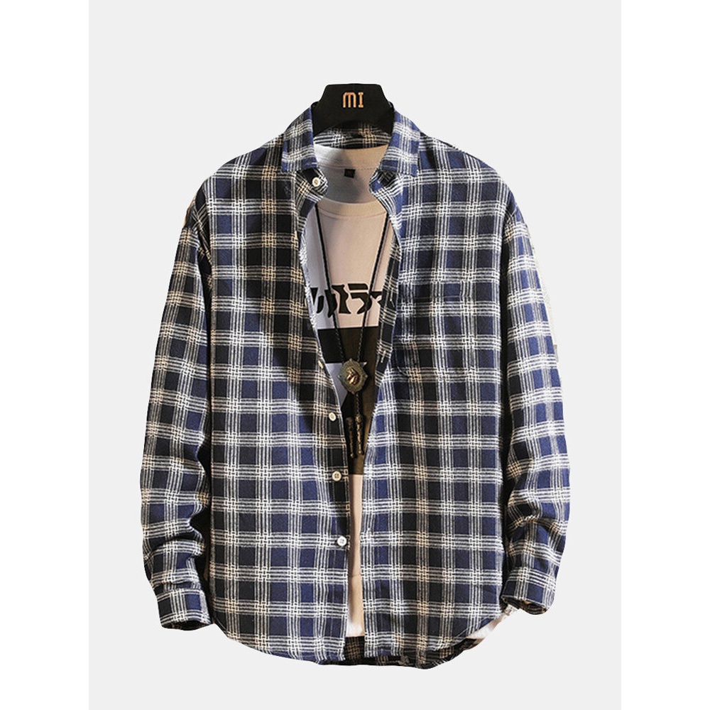 Mens Fashion Cotton Plaid Design Fit Comfy Casual Long Sleeve Shirts - M Navy