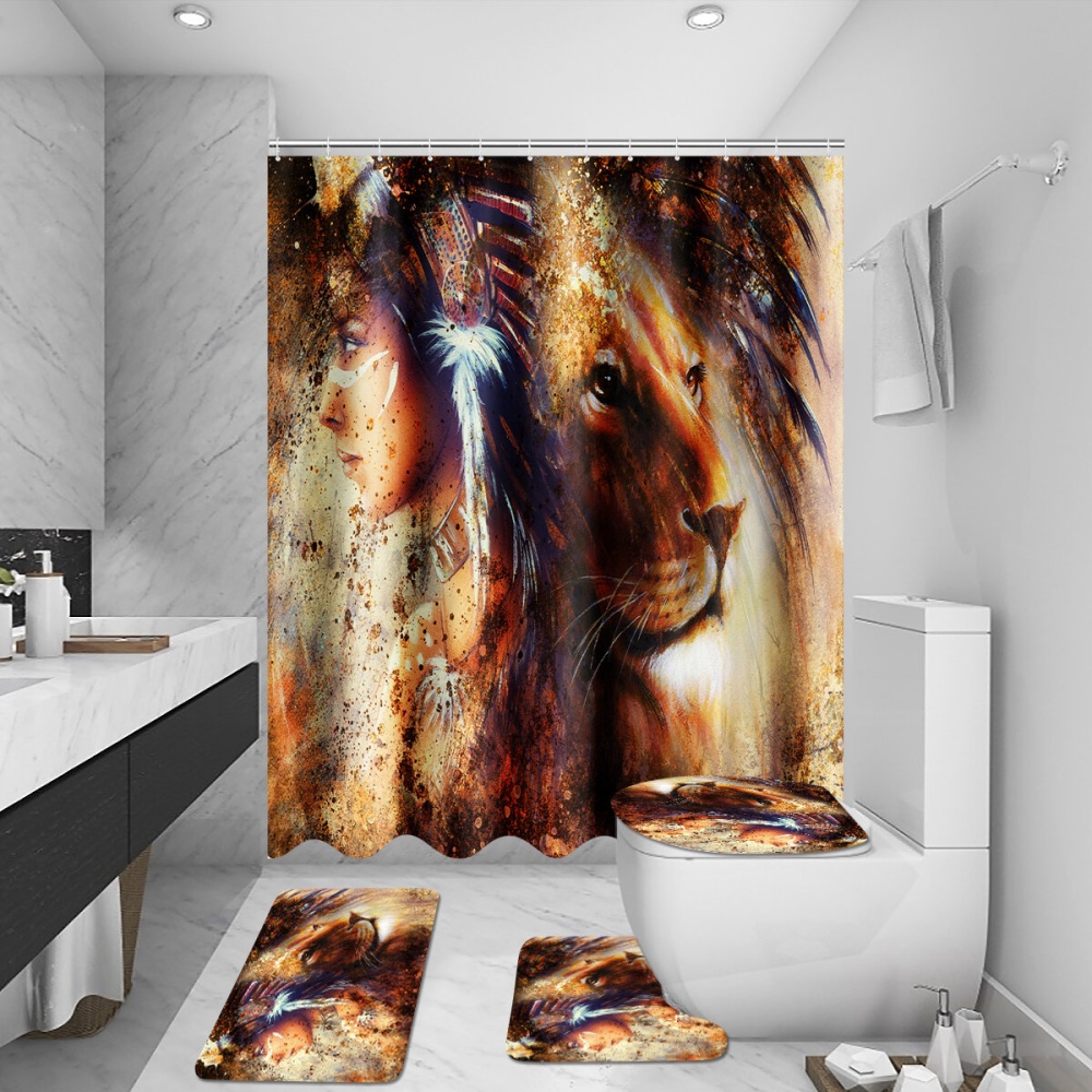 Queen Women Lion Printed Waterproof Shower Curtain Non-Slip Carpet Lid Toilet Lid Bath Mat Set for Bathroom Decoration - 3PCS - Image 2