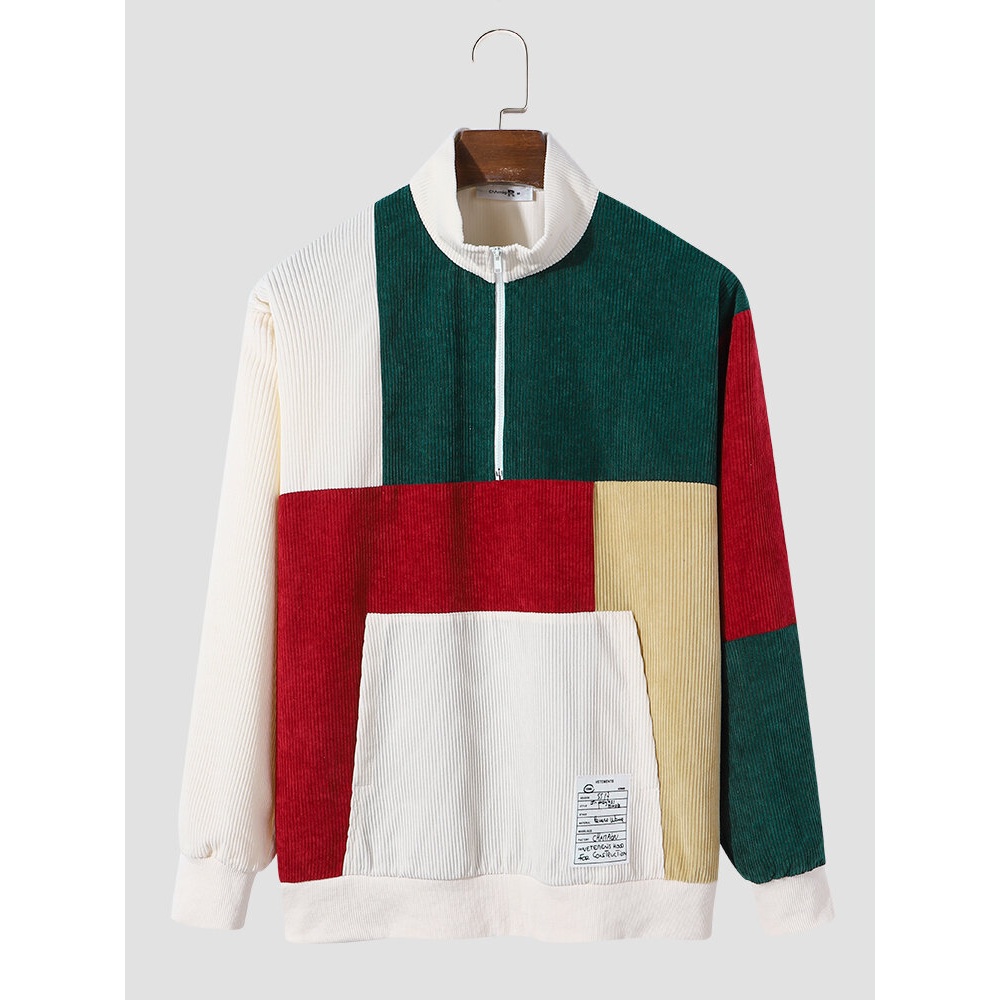 Men Color Block Patchwork Half Zip Corduroy Pullover Sweatshirts - Apricot S
