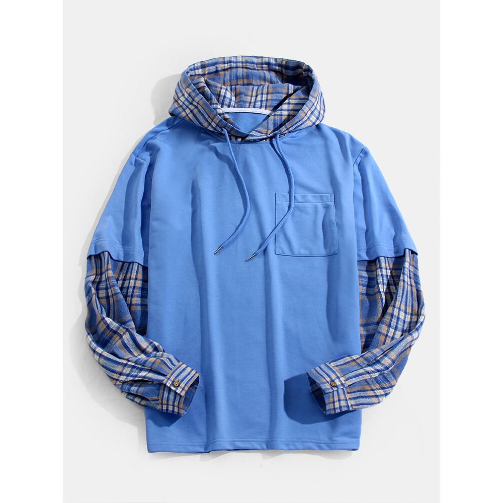 Mens Plaid Patchwork Chest Pocket Casual Drawstring Hoodies - Blue S