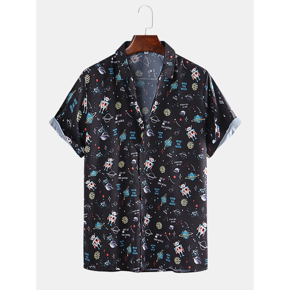 Men Cartoon Space Robot Letter Print Botton Up Turn Down Collar Hawaii Holiday Short Sleeve Shirts - Black 2XL