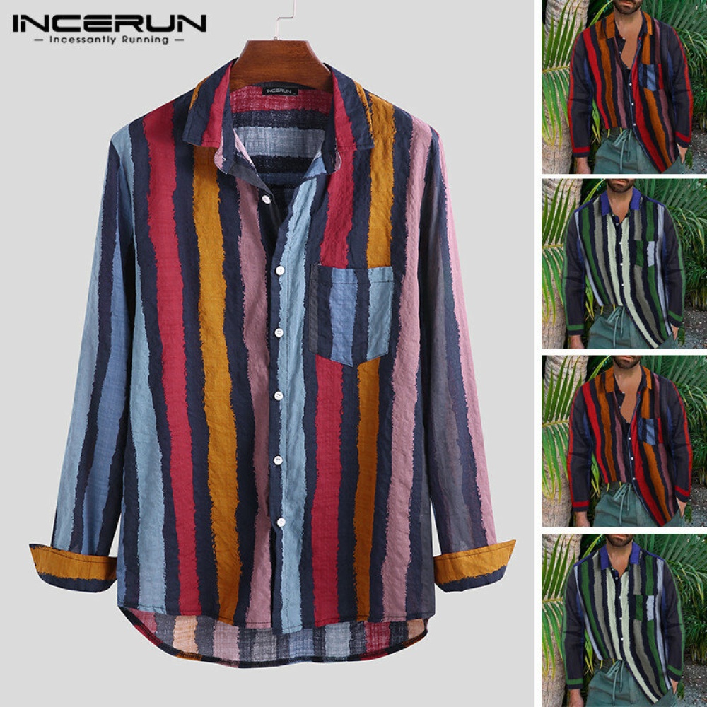 Men Fashion Colorful Shirt Long Sleeve Striped Printed Casual Hawaiian Beach Top - S Green