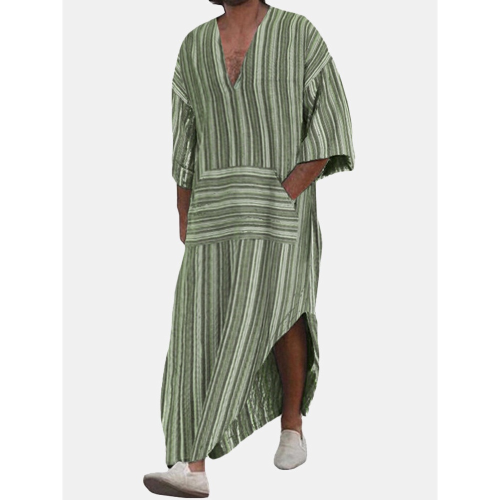 Mens Vintage 100% Cotton V Neck Stripe Long Robe Shirts - S Black