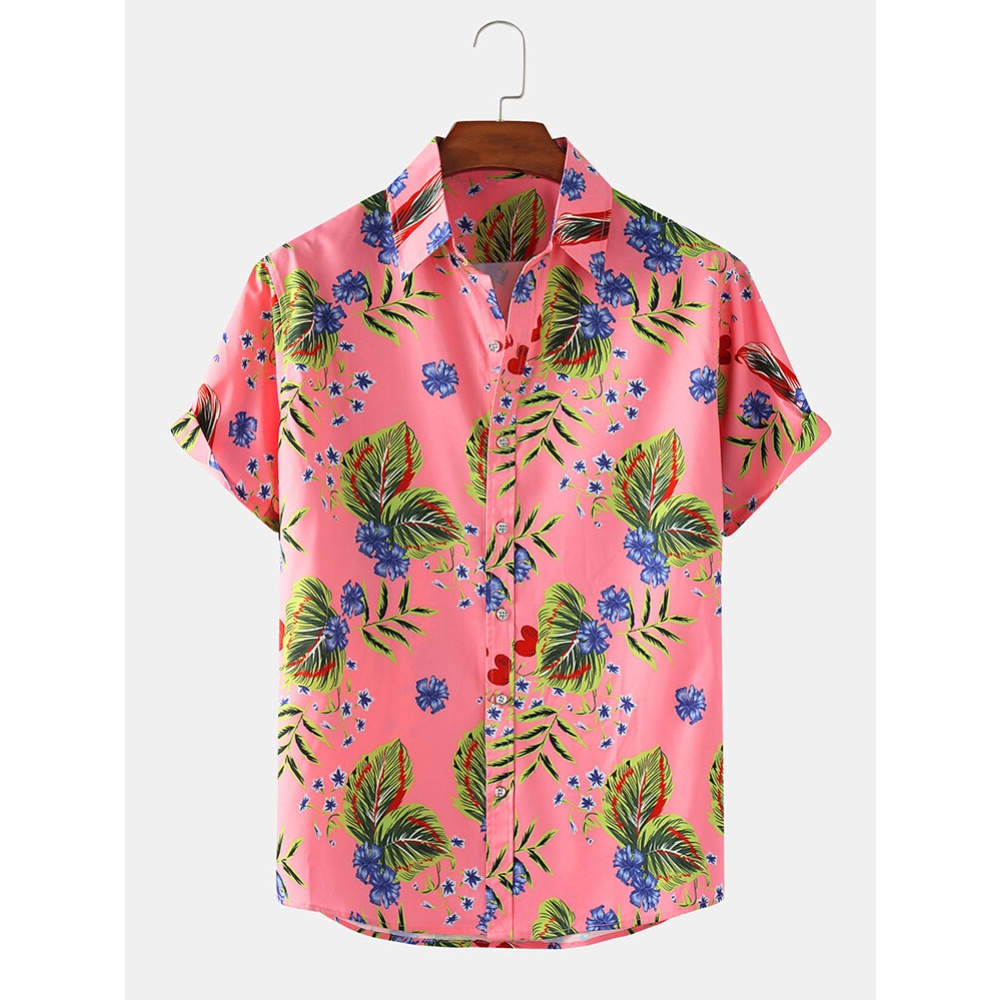 Mens Leaf & Floral Print Light Casual Holiday Short Sleeve Shirts - Pink M