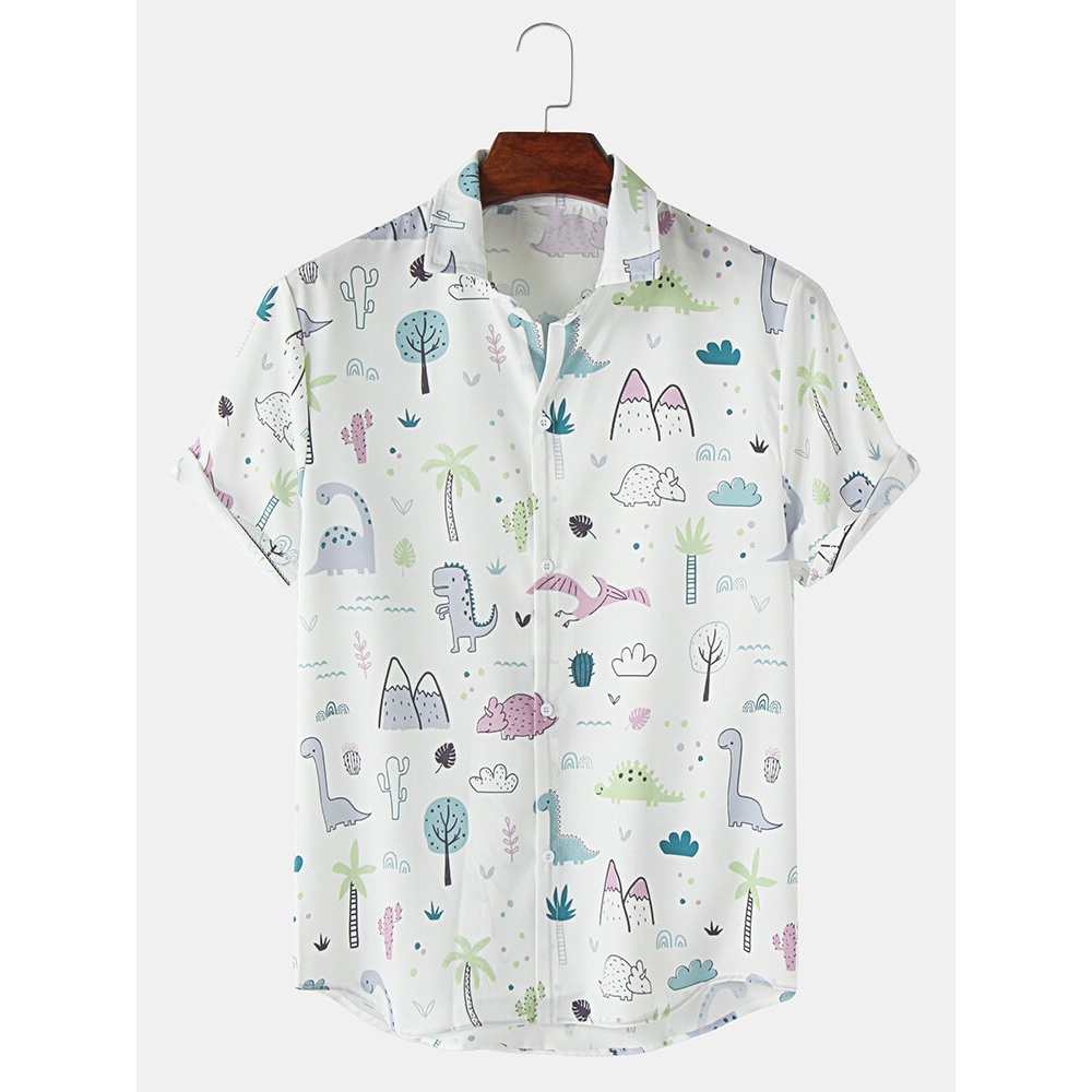 Mens Allover Cartoon Animal Plant Print Lapel Curved Hem Short Sleeve Shirts - Light Grey XL