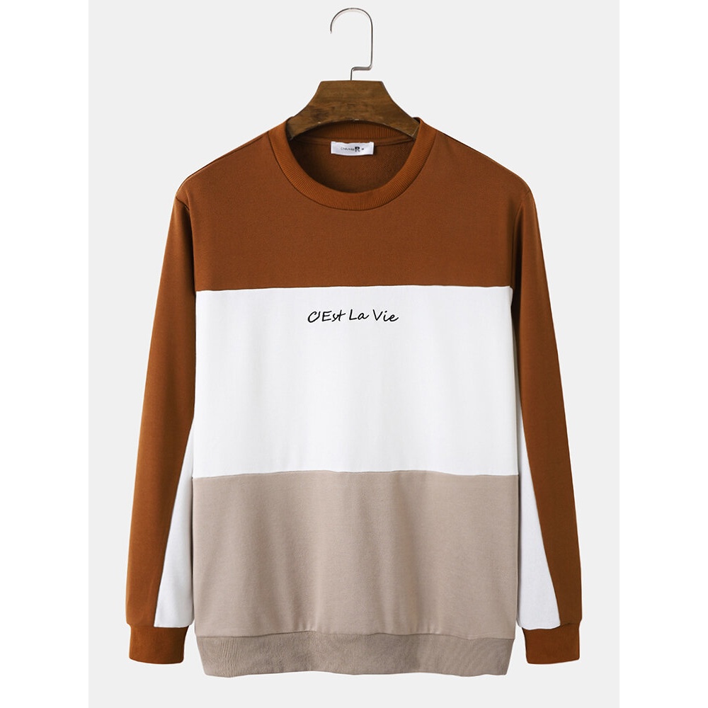 Mens Coffee Splicing Gentle Pullover O-Neck Sweatshirt - Coffee S